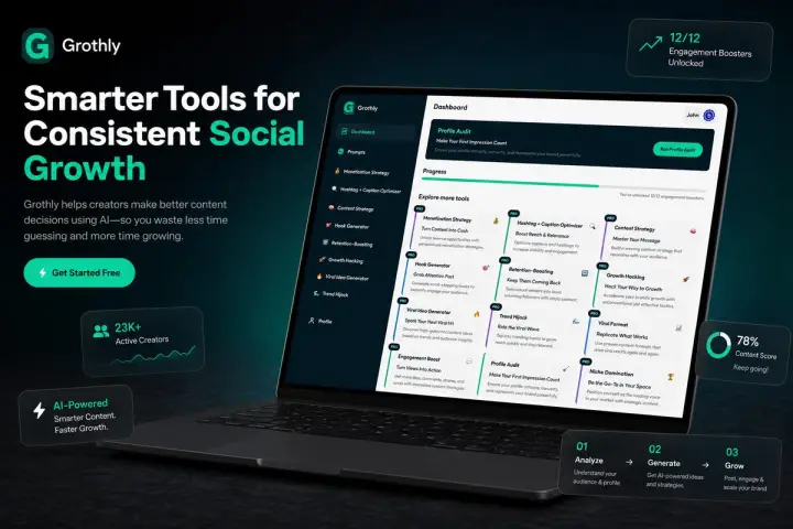 Grothly dashboard with AI growth tools for content creators