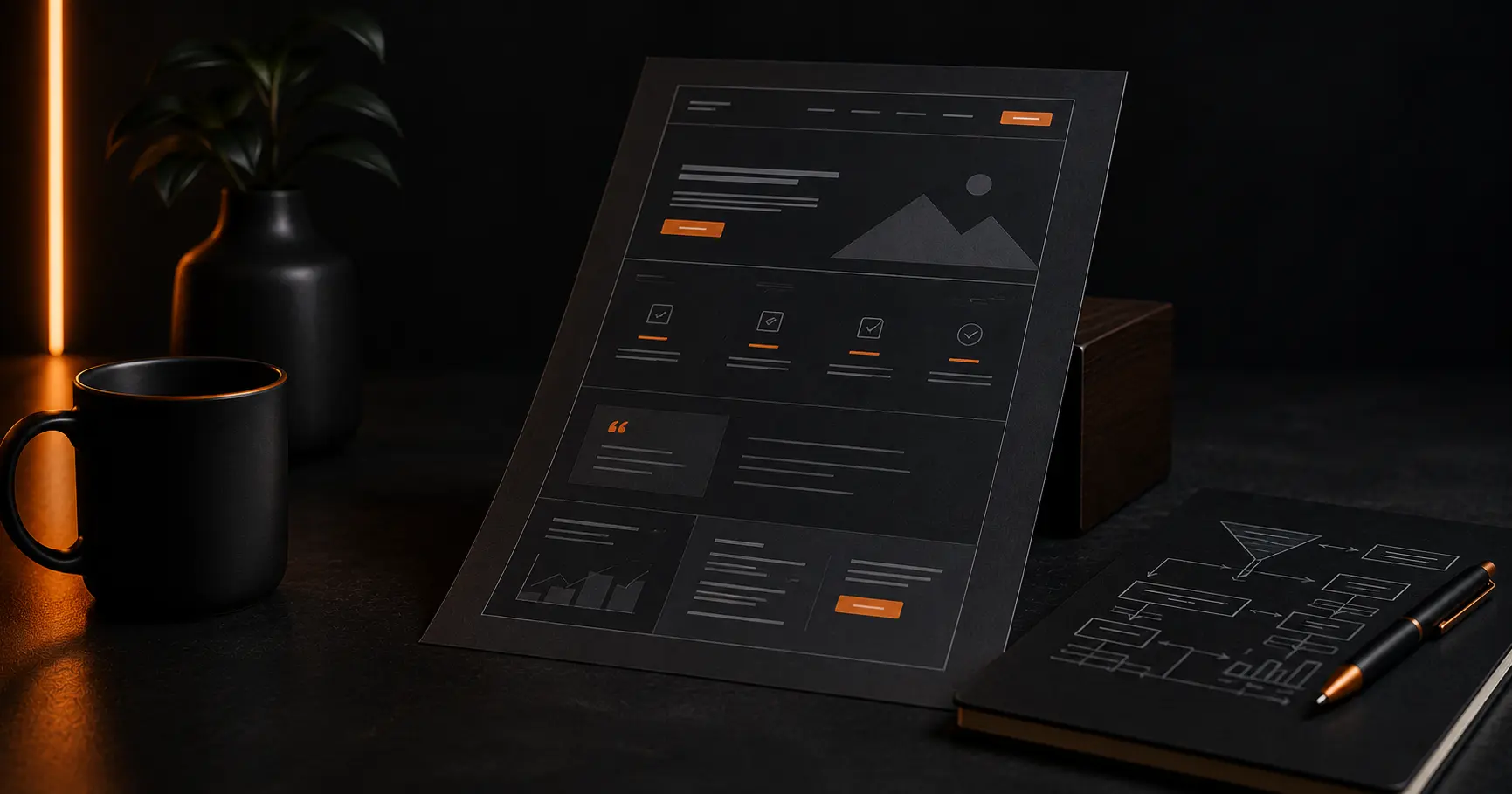 Dark premium workspace showing a redesigned B2B SaaS website interface and conversion funnel plan for increasing demo bookings and sales pipeline.