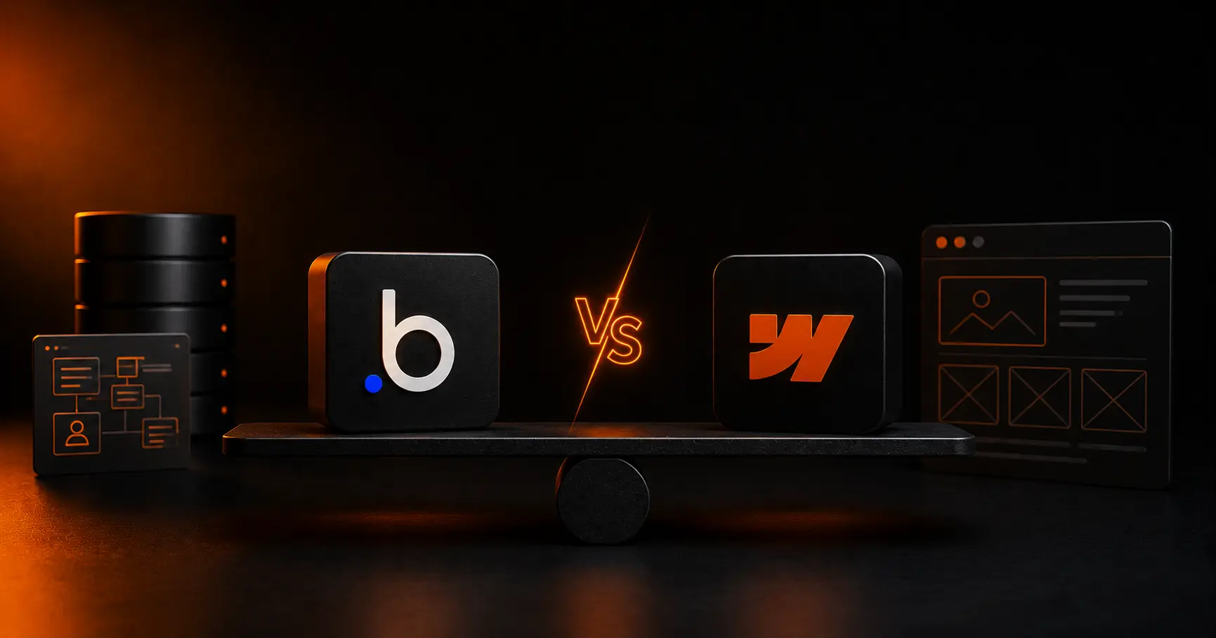 Bubble and Webflow compared on a balanced scale, showing the choice between a full no-code app builder and a visual website-first platform for startups