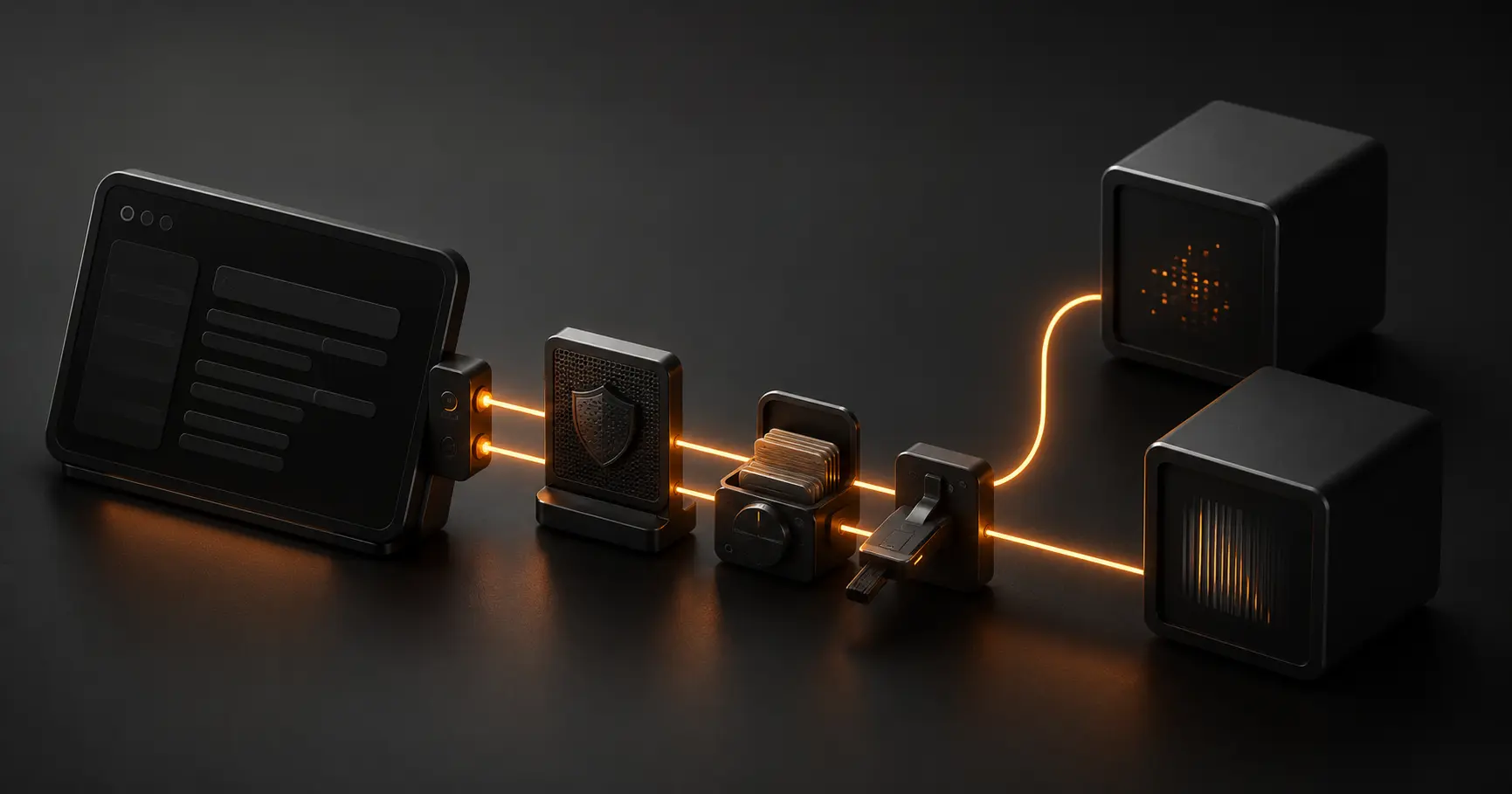 Dark 3D app integration pipeline with security and data-control modules representing safe ChatGPT and Claude integration without runaway costs or vendor lock-in.