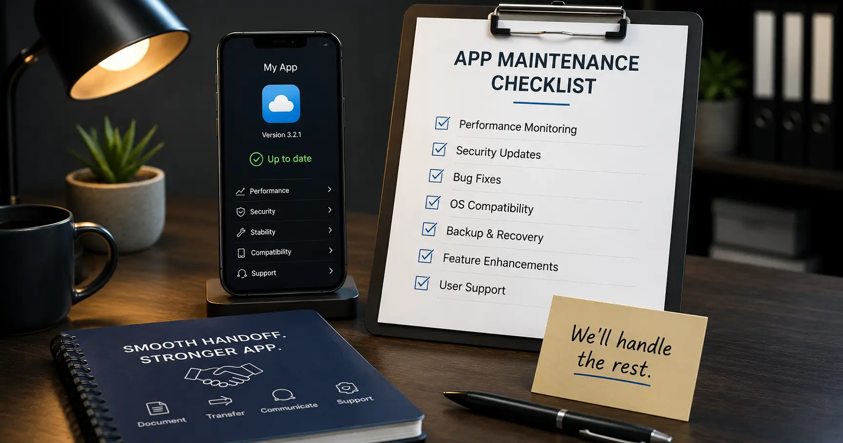 Mobile app maintenance checklist covering performance monitoring, security updates, bug fixes, compatibility, backups and ongoing support.