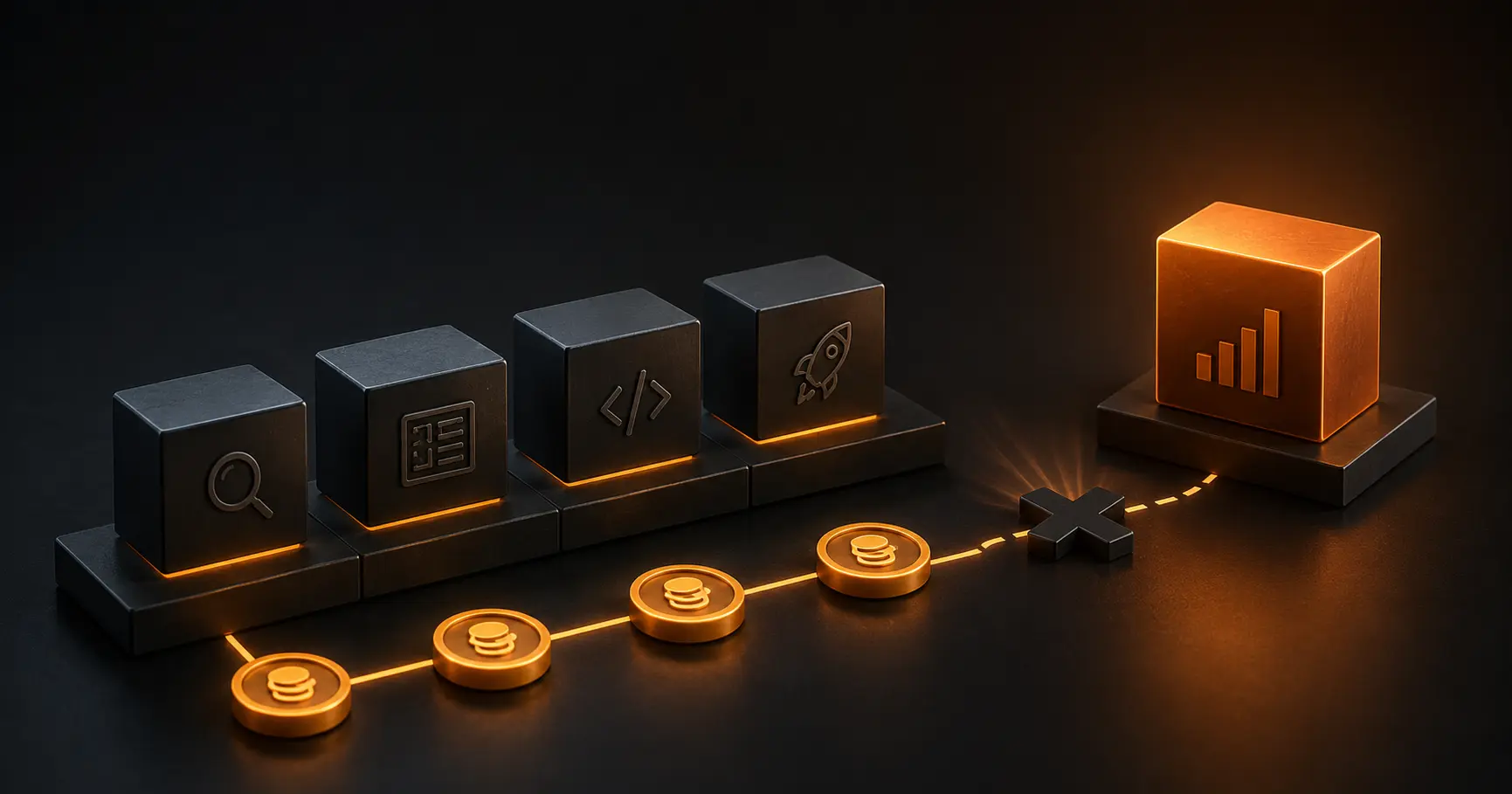 Dark 3D illustration of MVP development stages, rising costs, and a blocked expense path representing pricing breakdowns and avoiding a costly $30K mistake.