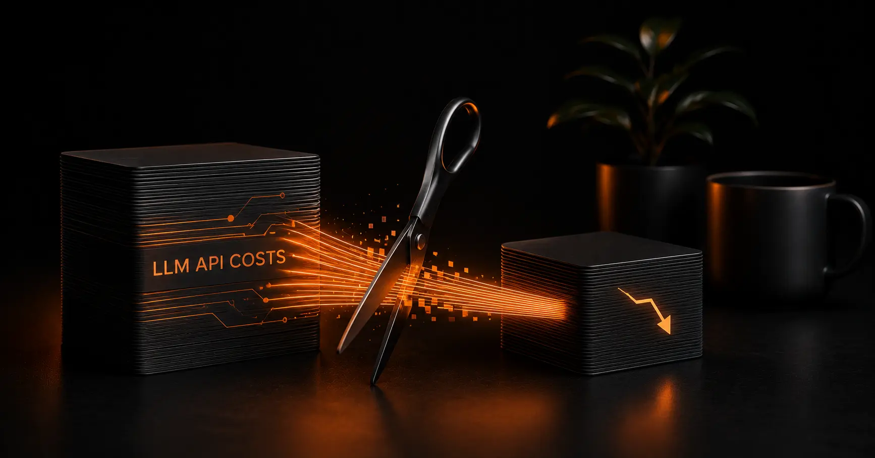 Scissors cutting LLM API processing costs, illustrating AI cost optimization strategies that reduce API expenses while maintaining output quality.