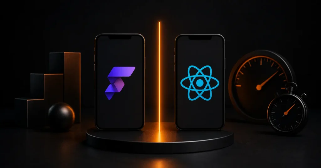 FlutterFlow and React Native logos displayed on smartphones with clocks and growth blocks, comparing MVP development speed and cost in 2026.