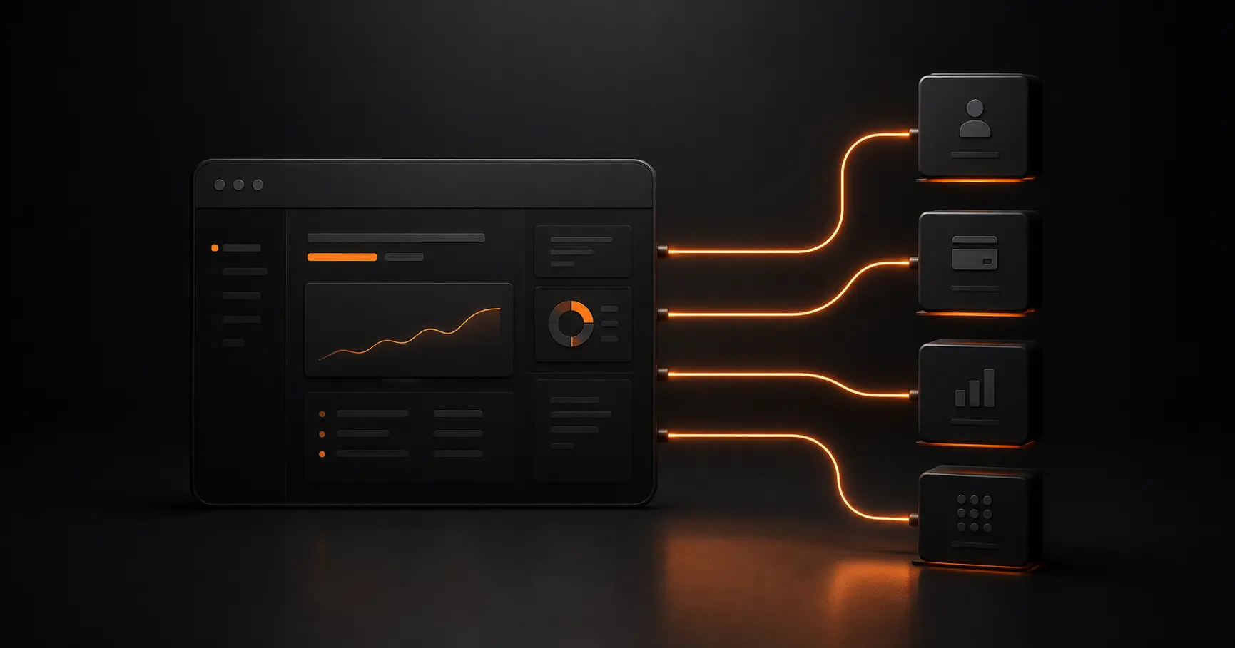 Web app dashboard connected through APIs to payment, CRM, analytics and other third-party systems.