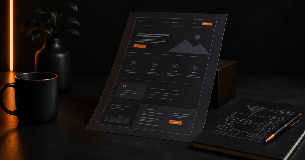 Dark premium workspace showing a redesigned B2B SaaS website interface and conversion funnel plan for increasing demo bookings and sales pipeline.