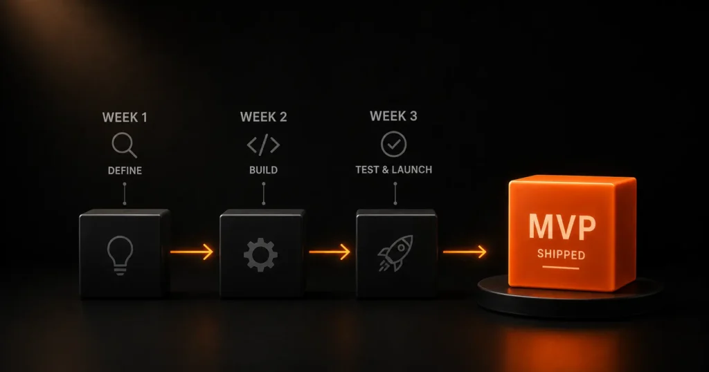 Three-week MVP sprint process showing define, build, test and launch stages leading to a shipped product.