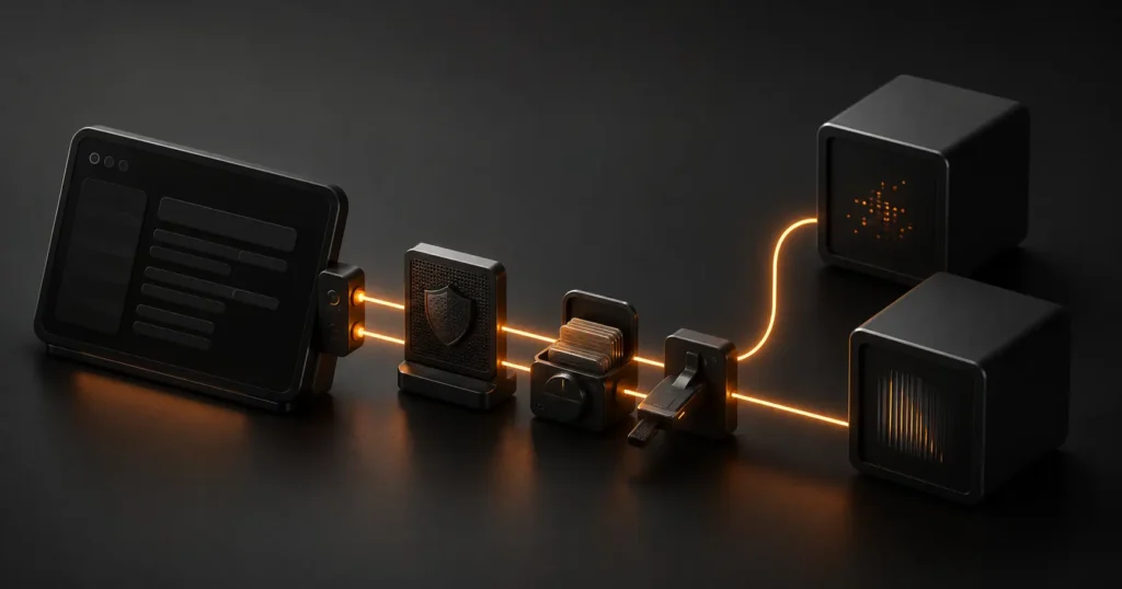Dark 3D app integration pipeline with security and data-control modules representing safe ChatGPT and Claude integration without runaway costs or vendor lock-in.