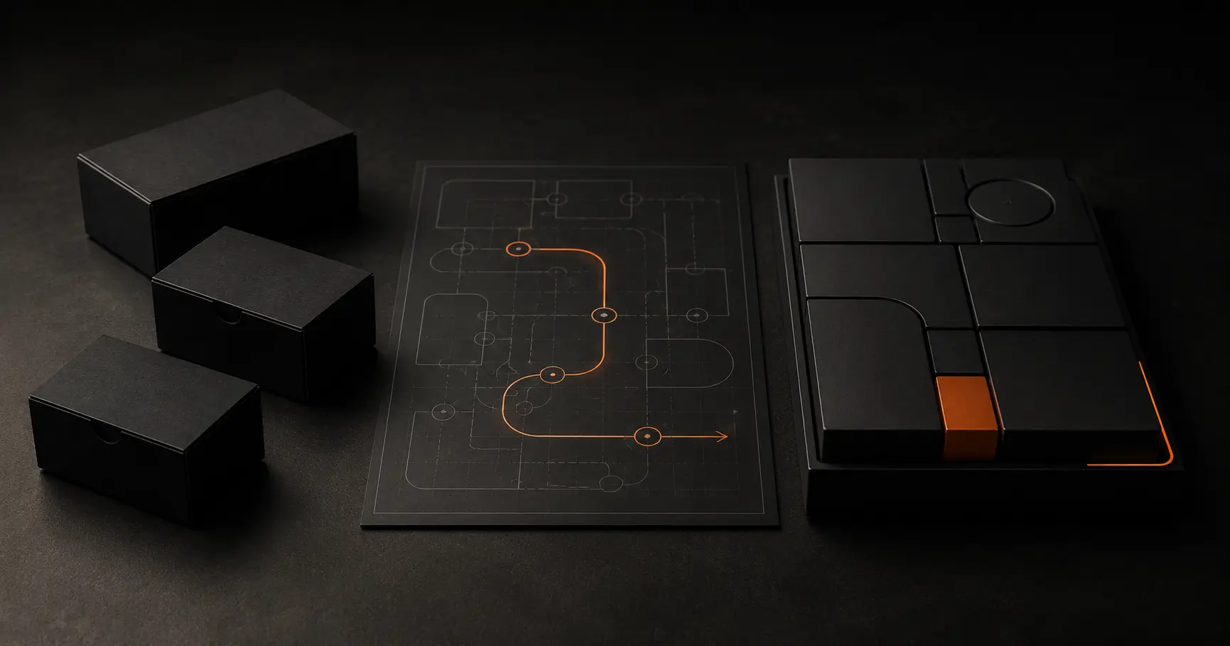 Dark 3D illustration of modular ERP components beside a custom development roadmap, representing the decision to build a tailored ERP instead of buying SAP, NetSuite, or Odoo.