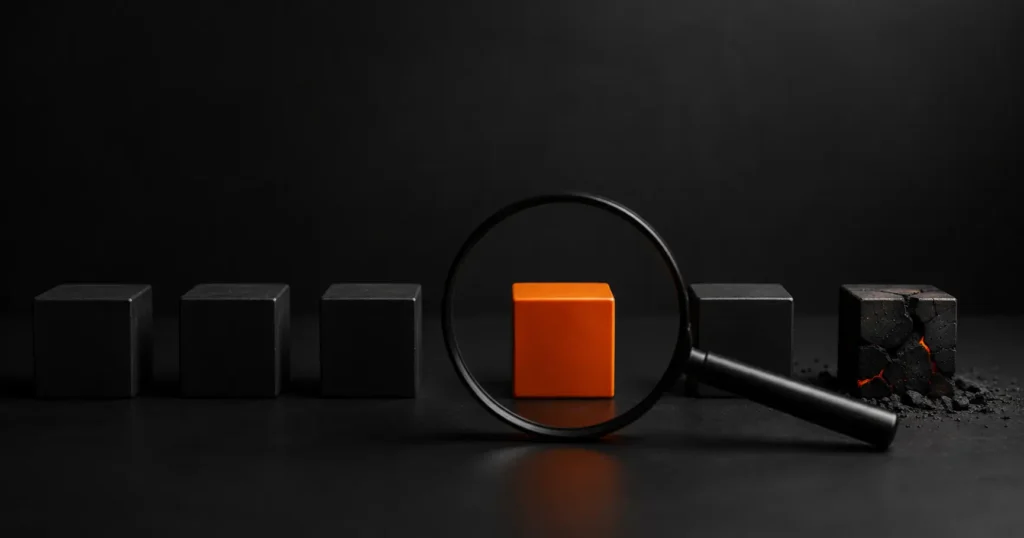 Magnifying glass highlighting a reliable MVP development company among several options, with a damaged block representing a poor choice.