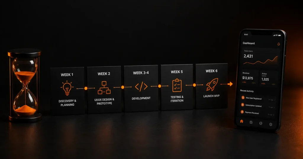 Week-by-week mobile app MVP timeline showing discovery, design, development, testing and launch leading to a working app.