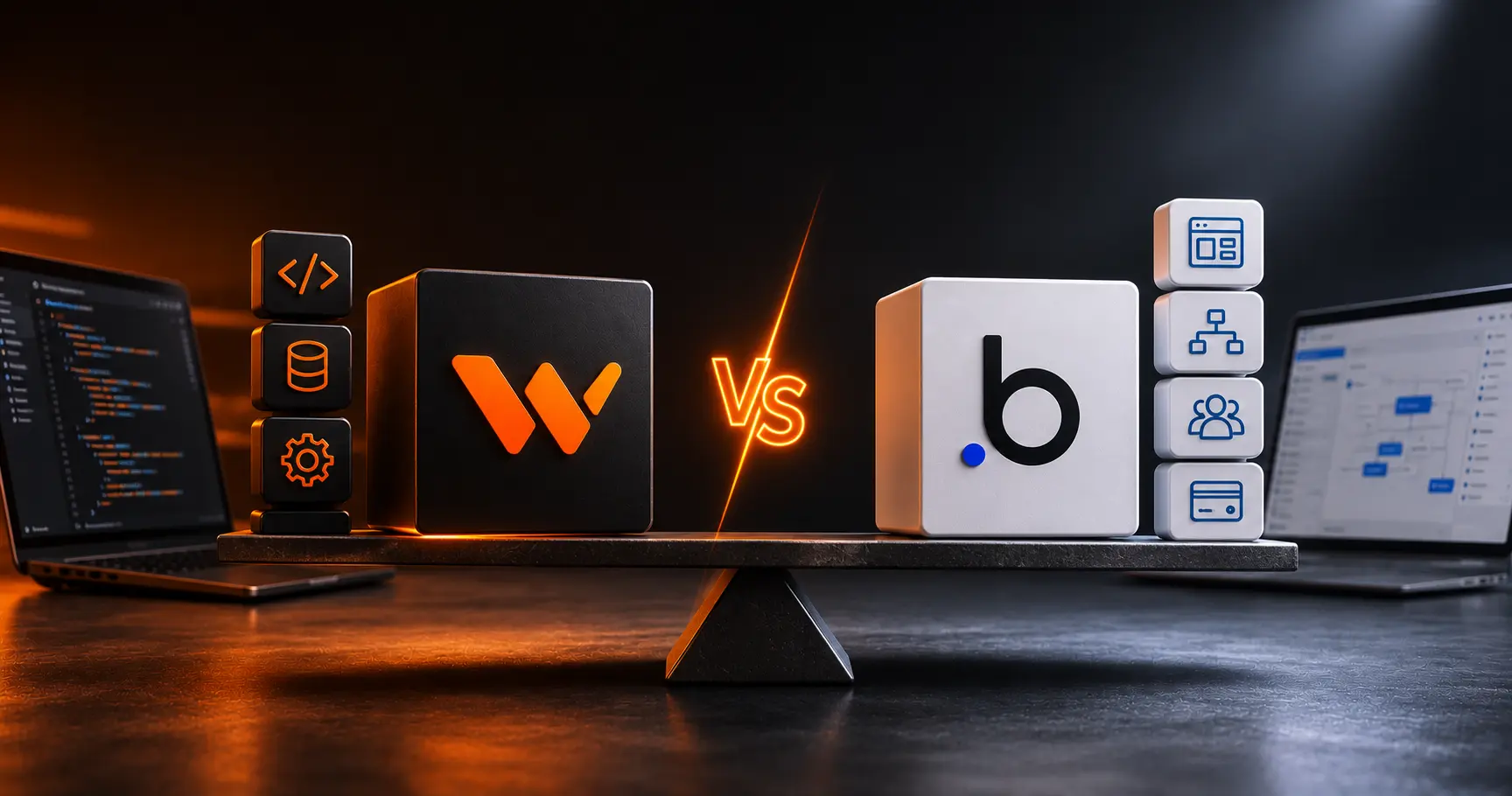 WeWeb and Bubble compared on a balanced scale, contrasting a developer-grade no-code stack with an all-in-one app development platform.