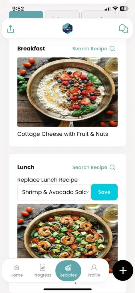 “AVA AI meal planner showing a cottage cheese breakfast recipe and a shrimp and avocado lunch recipe with an option to replace the meal.”