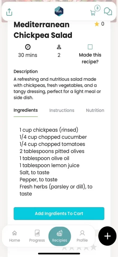 “AVA AI recipe screen showing Mediterranean chickpea salad, preparation time, servings, ingredients, and an Add Ingredients to Cart button.”