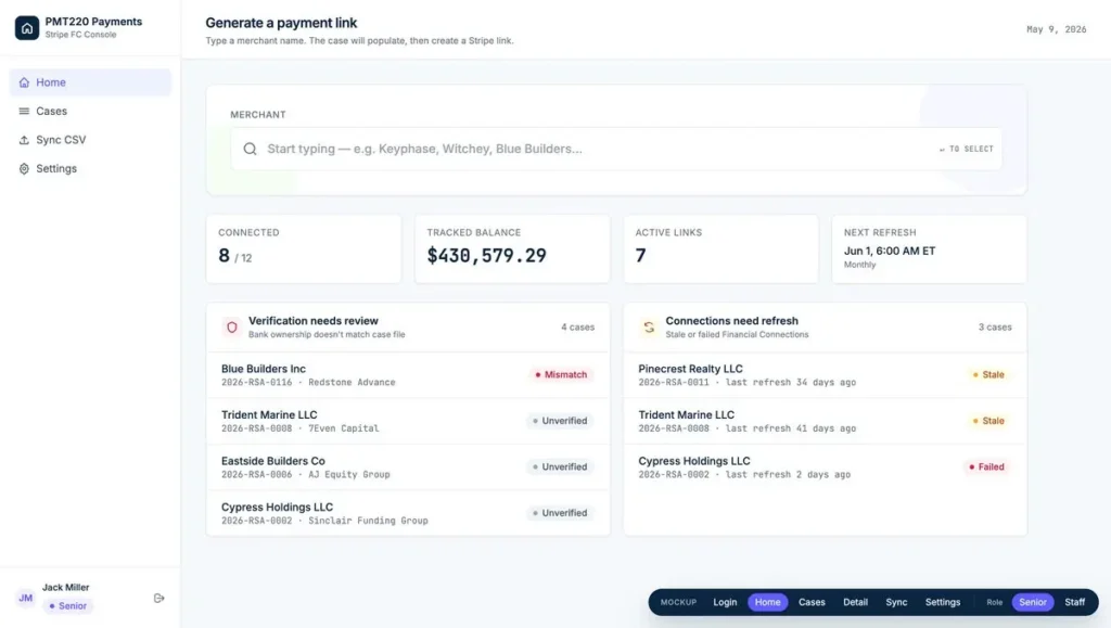 “Payment operations CRM dashboard showing Stripe payment-link creation, tracked balance, active links, and Financial Connections alerts.”