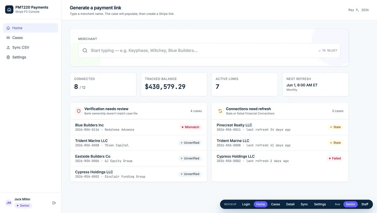 “Payment operations CRM dashboard showing Stripe payment-link creation, tracked balance, active links, and Financial Connections alerts.”