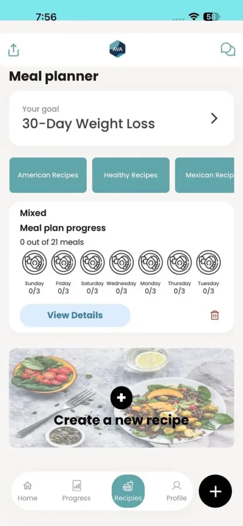 “AVA meal planner screen showing a 30-day weight-loss goal, recipe categories and weekly meal-plan progress.”
