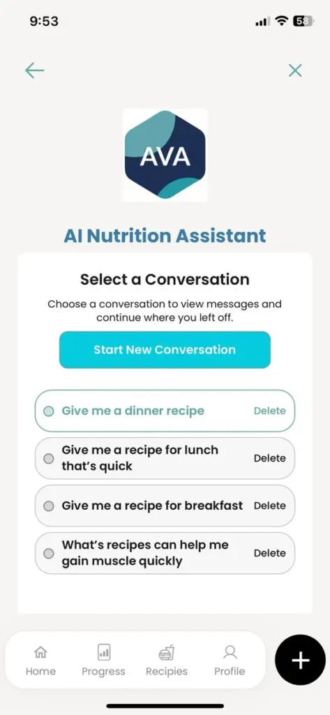 “AVA AI Nutrition Assistant screen showing saved conversations about dinner, lunch, breakfast and muscle-gain recipes.”