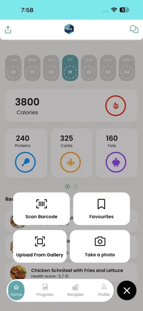 “AVA app screen showing calorie and macro targets with options to log food by barcode, gallery or photo.”