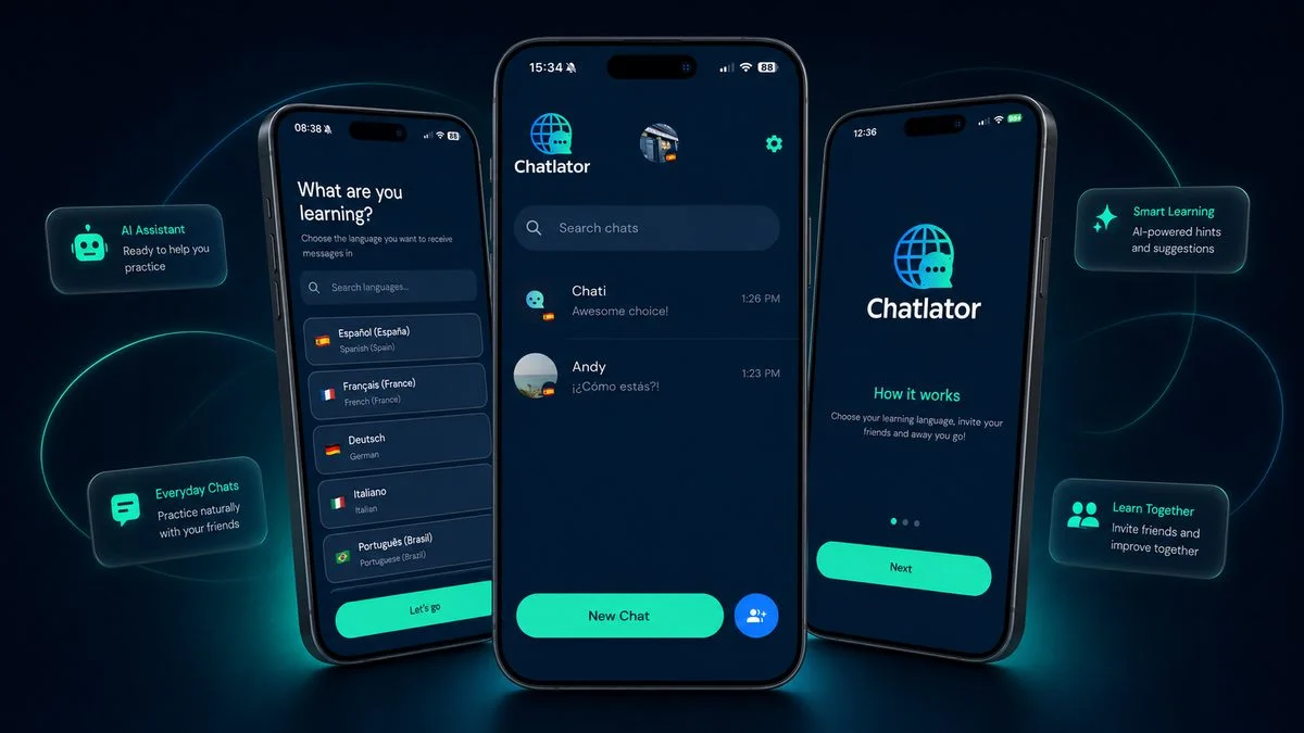 “Three Chatlator app screens showing language selection, everyday chats, and onboarding for conversation-based language learning.”
