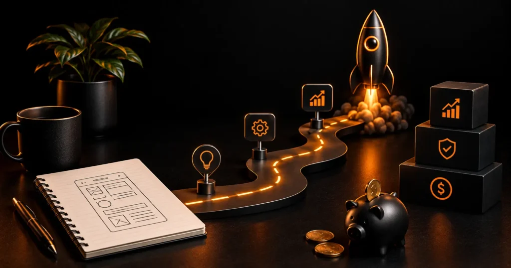 Cost-effective MVP development roadmap showing lean planning, validation, launch, and scalable product growth