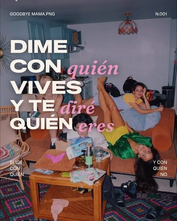 “GoodbyeMama campaign image of three flatmates relaxing together in a shared living room, with Spanish text about choosing who you live with.”
