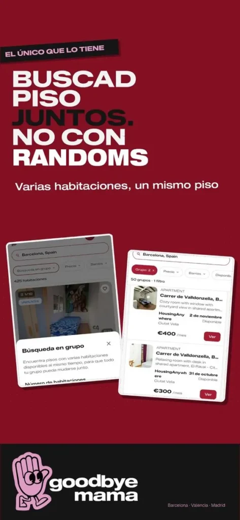 “GoodbyeMama group search feature showing Barcelona room listings that friends can browse together.”