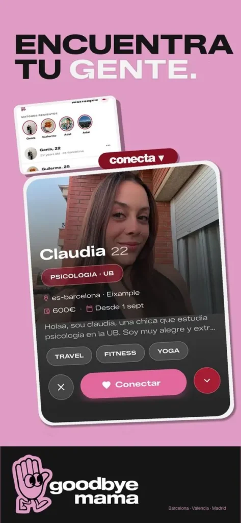 “GoodbyeMama roommate matching screen showing Claudia’s profile, interests and a button to connect.”