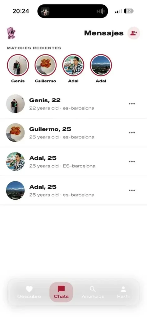 “GoodbyeMama messages screen showing recent roommate matches and chat contacts in Barcelona.”