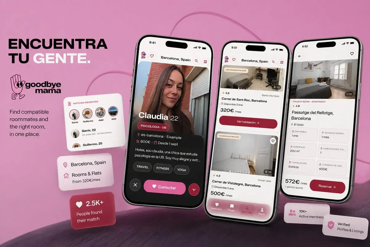 “GoodbyeMama app screens showing a roommate profile, Barcelona room listings and a room booking page.”