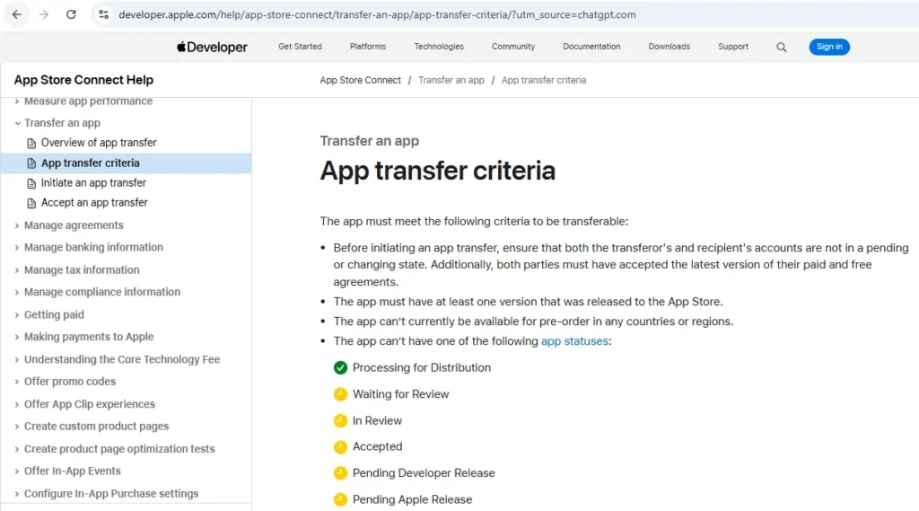 Apple’s App Store Connect page listing app transfer criteria, including the requirement for a released App Store version and the blocking app statuses.