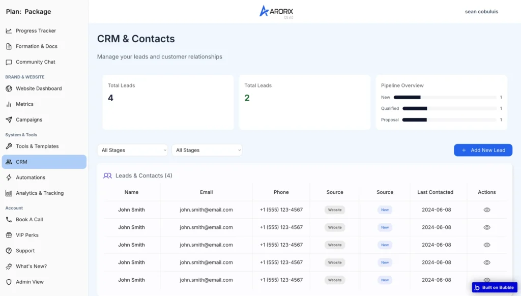 “Arorix CRM dashboard showing lead totals, a sales pipeline overview, and a leads and contacts table.”