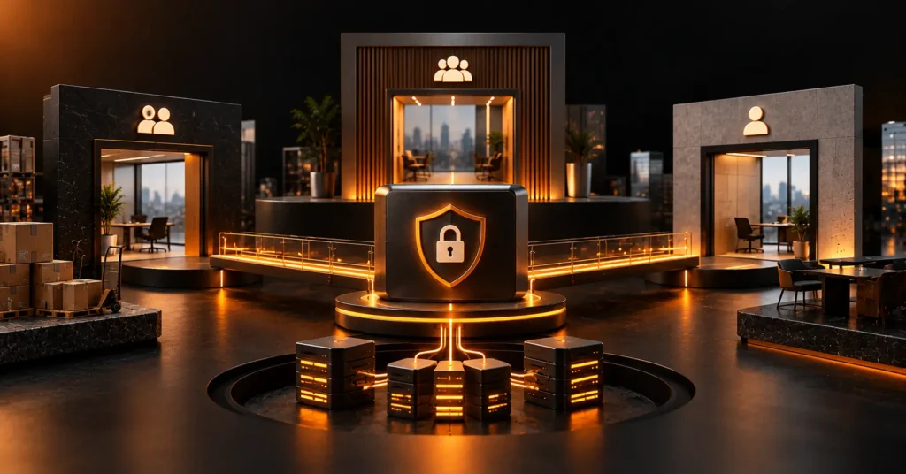 B2B portal development concept showing secure partner, vendor, and client access connected through protected enterprise workflows