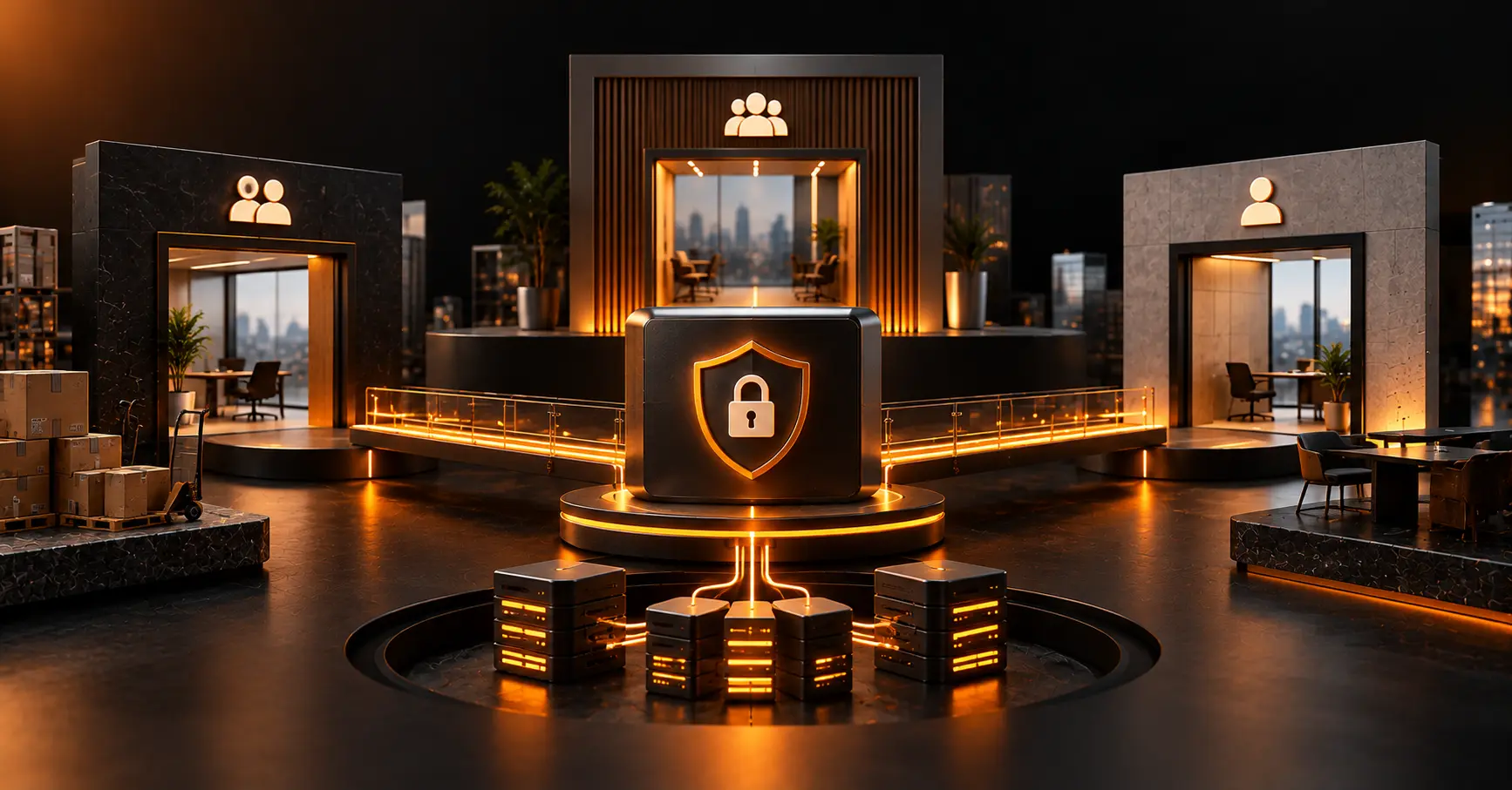 B2B portal development concept showing secure partner, vendor, and client access connected through protected enterprise workflows