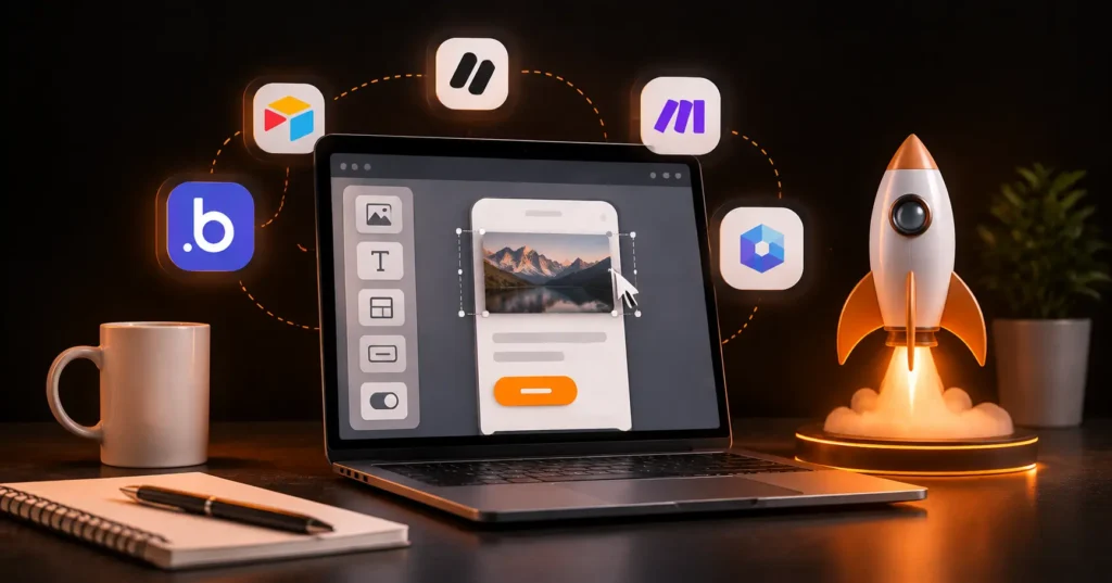 No-code app builder concept showing visual development tools used by non-technical founders to build and launch a real product