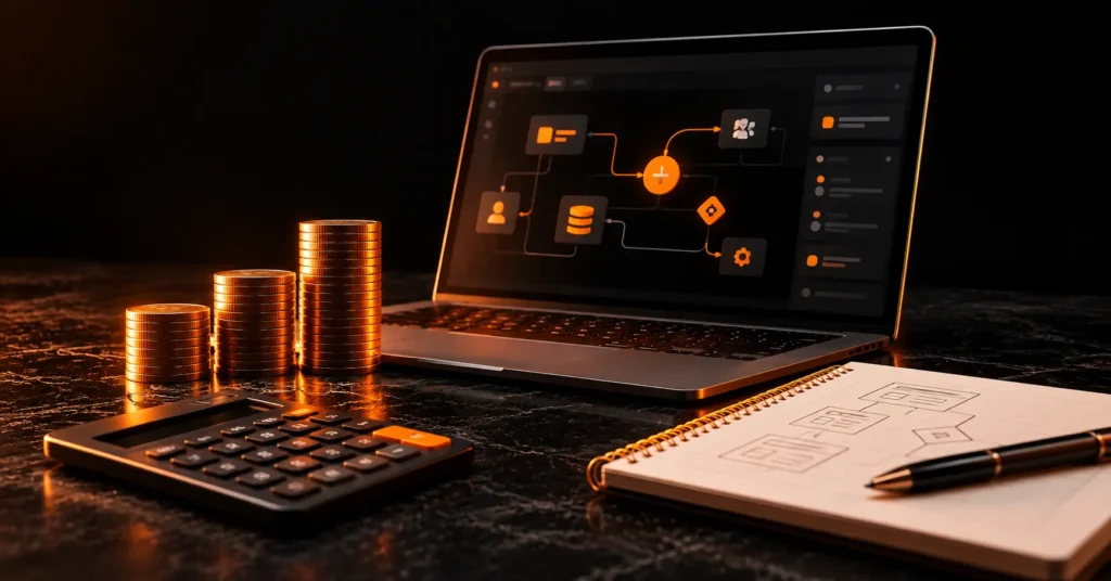 Bubble app development cost concept showing workflow complexity, budgeting, and rising workload-unit expenses for an MVP