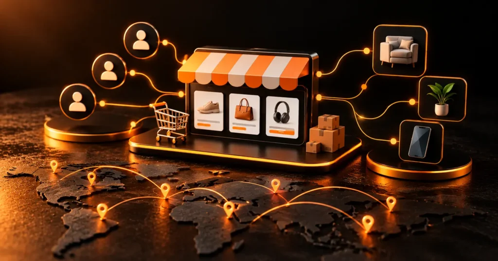 No-code marketplace development concept showing connected buyers, sellers, products, and transaction flow in a digital marketplace