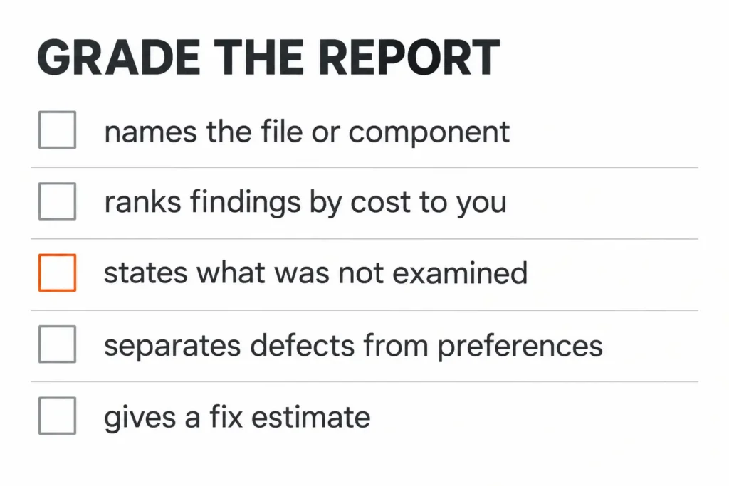 Five-point checklist for grading a code audit report, with an orange checkbox highlighting whether it states what was not examined.