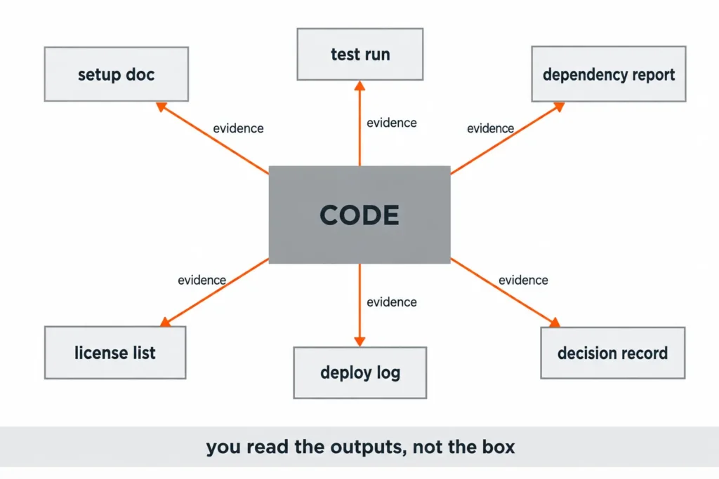 n opaque grey CODE block connects through six orange evidence arrows to a setup doc, test run, dependency report, license list, deploy log, and decision record. Caption: “you read the outputs, not the box”