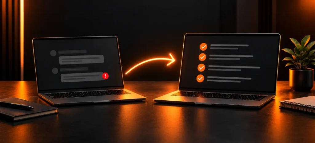Two laptops connected by an orange arrow, showing a stalled software project moving from error alerts to an organized recovery checklist.