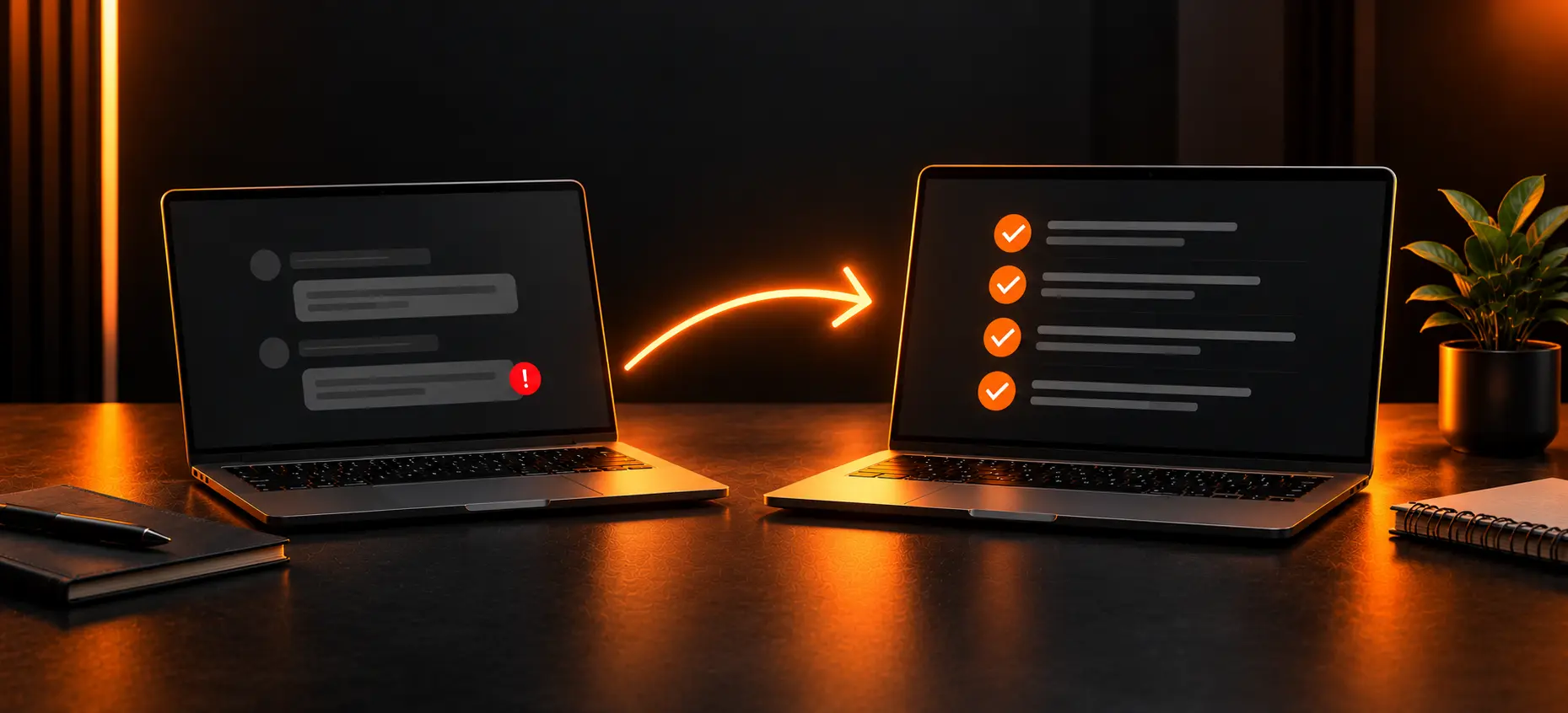 Two laptops connected by an orange arrow, showing a stalled software project moving from error alerts to an organized recovery checklist.