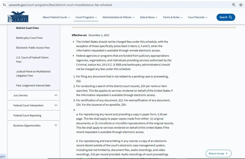 Federal District Court Miscellaneous Fee Schedule showing item 14’s $55 administrative fee for filing a civil action and the effective date of December 1, 2023.
