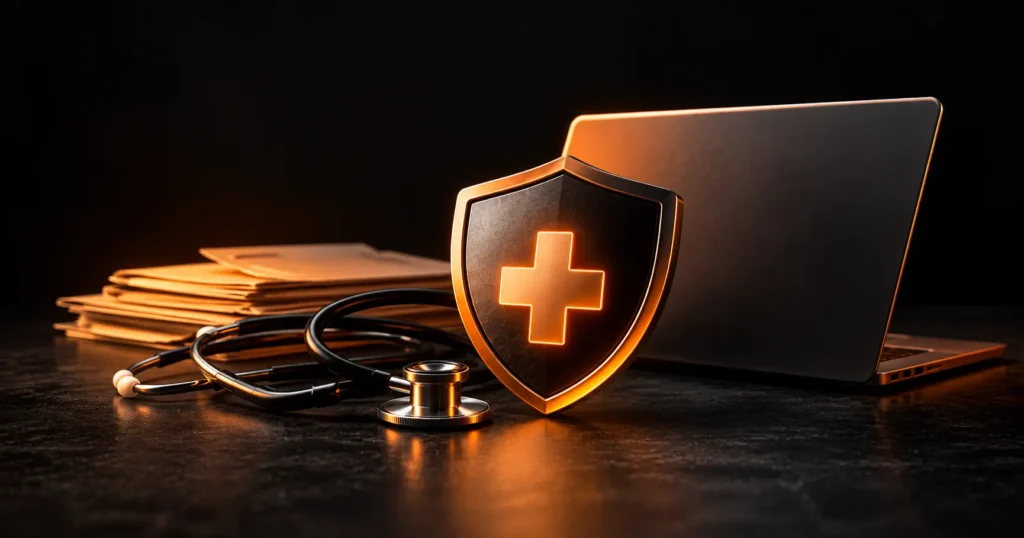 HIPAA-compliant healthcare web app concept showing secure patient data protection with a medical shield and clinical workspace