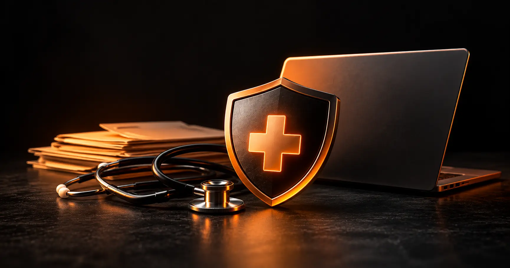 HIPAA-compliant healthcare web app concept showing secure patient data protection with a medical shield and clinical workspace