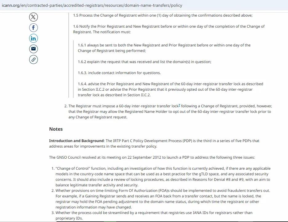 ICANN Transfer Policy excerpt showing the 60-day transfer lock after a change of registrant and the option to opt out before the change.