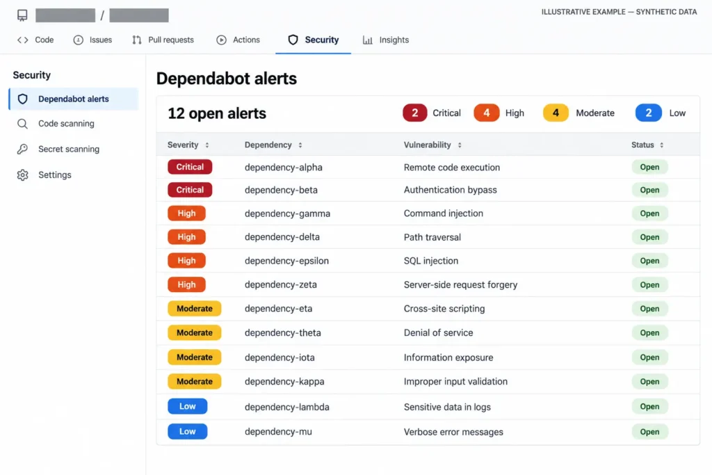 Illustrative Dependabot dashboard showing 12 open alerts: 2 Critical, 4 High, 4 Moderate and 2 Low, labelled as synthetic data.