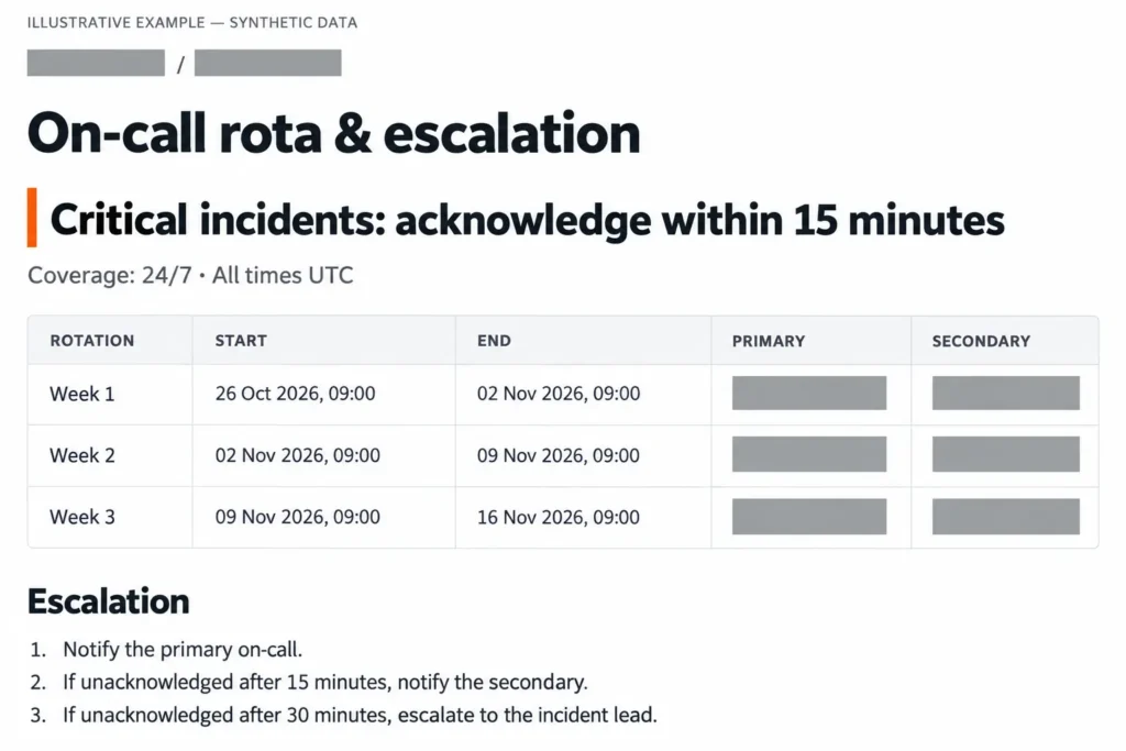 Illustrative on-call rota showing three weekly rotations, 24/7 UTC coverage, a 15-minute acknowledgement target, and escalation after 15 and 30 minutes.