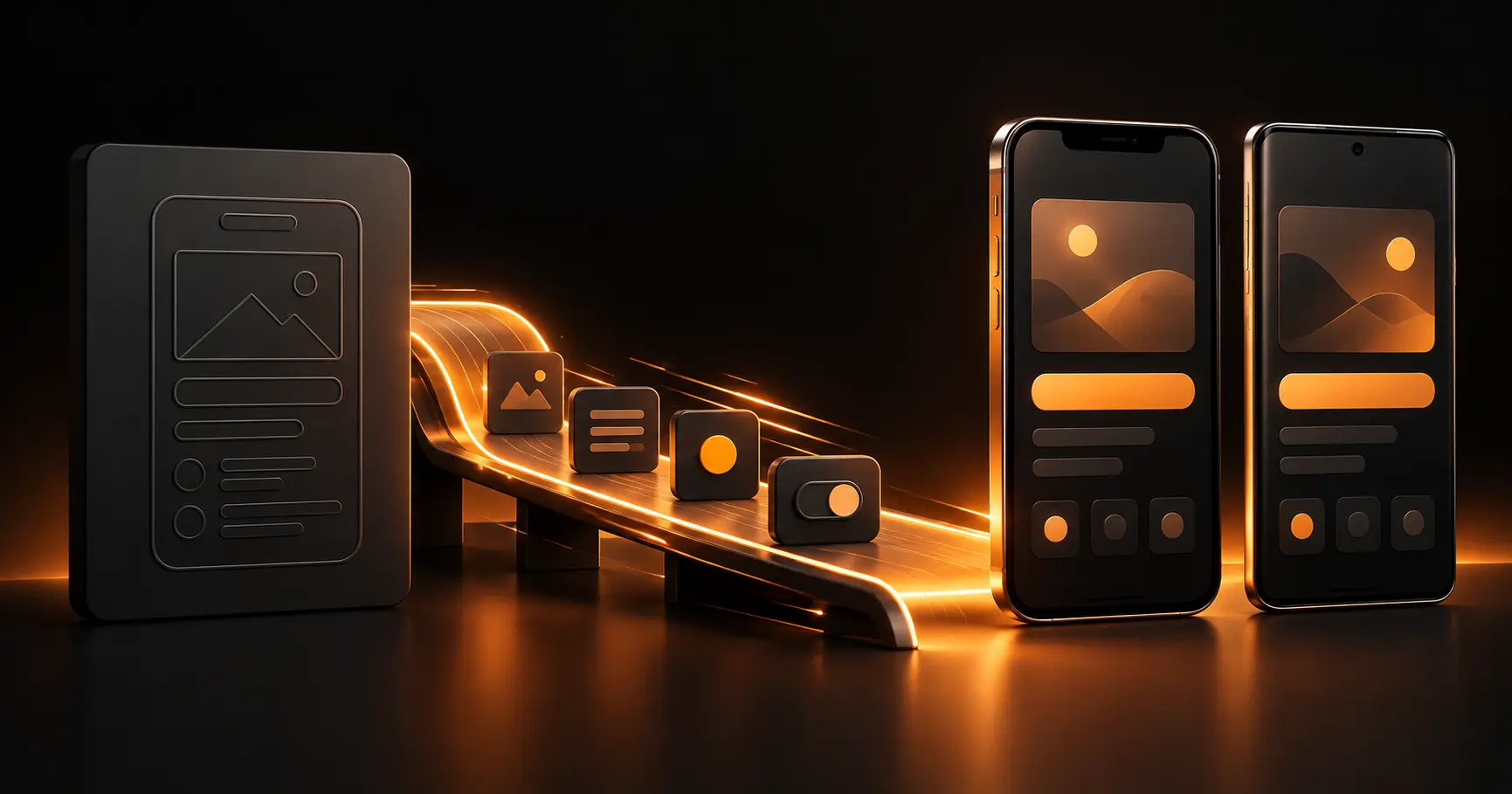 Mobile app MVP development concept showing a wireframe progressing into finished iOS and Android app interfaces