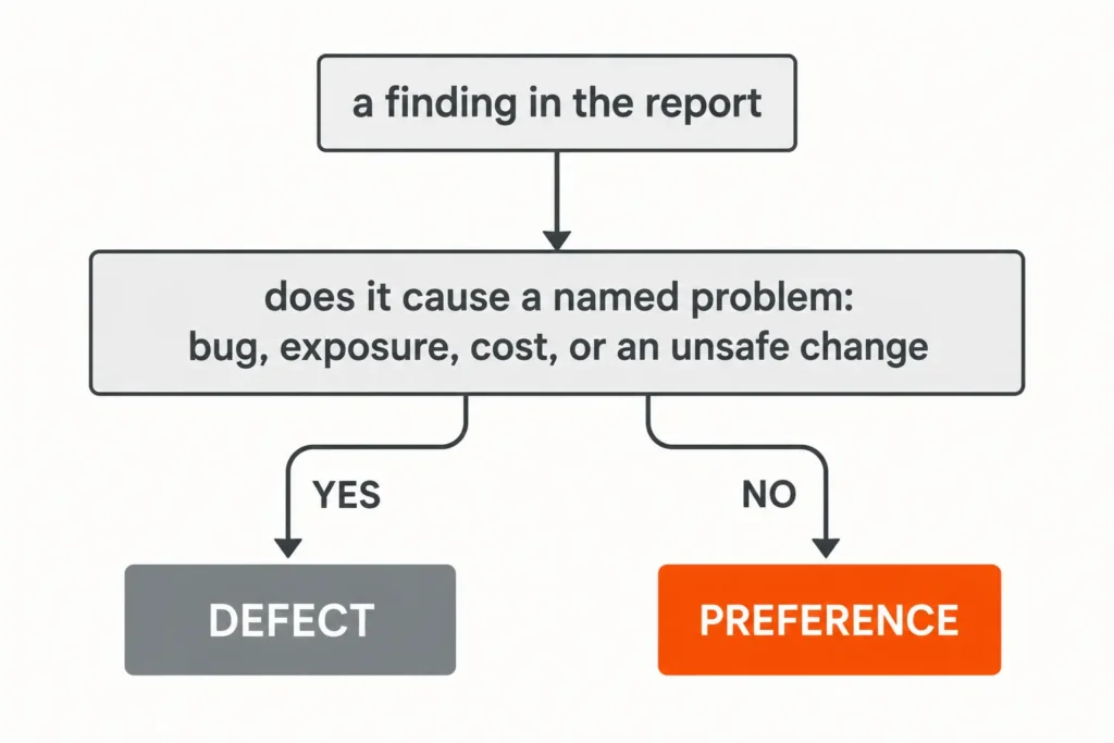 Flowchart classifying a report finding as a defect if it causes a bug, exposure, cost or unsafe change; otherwise, as a preference.