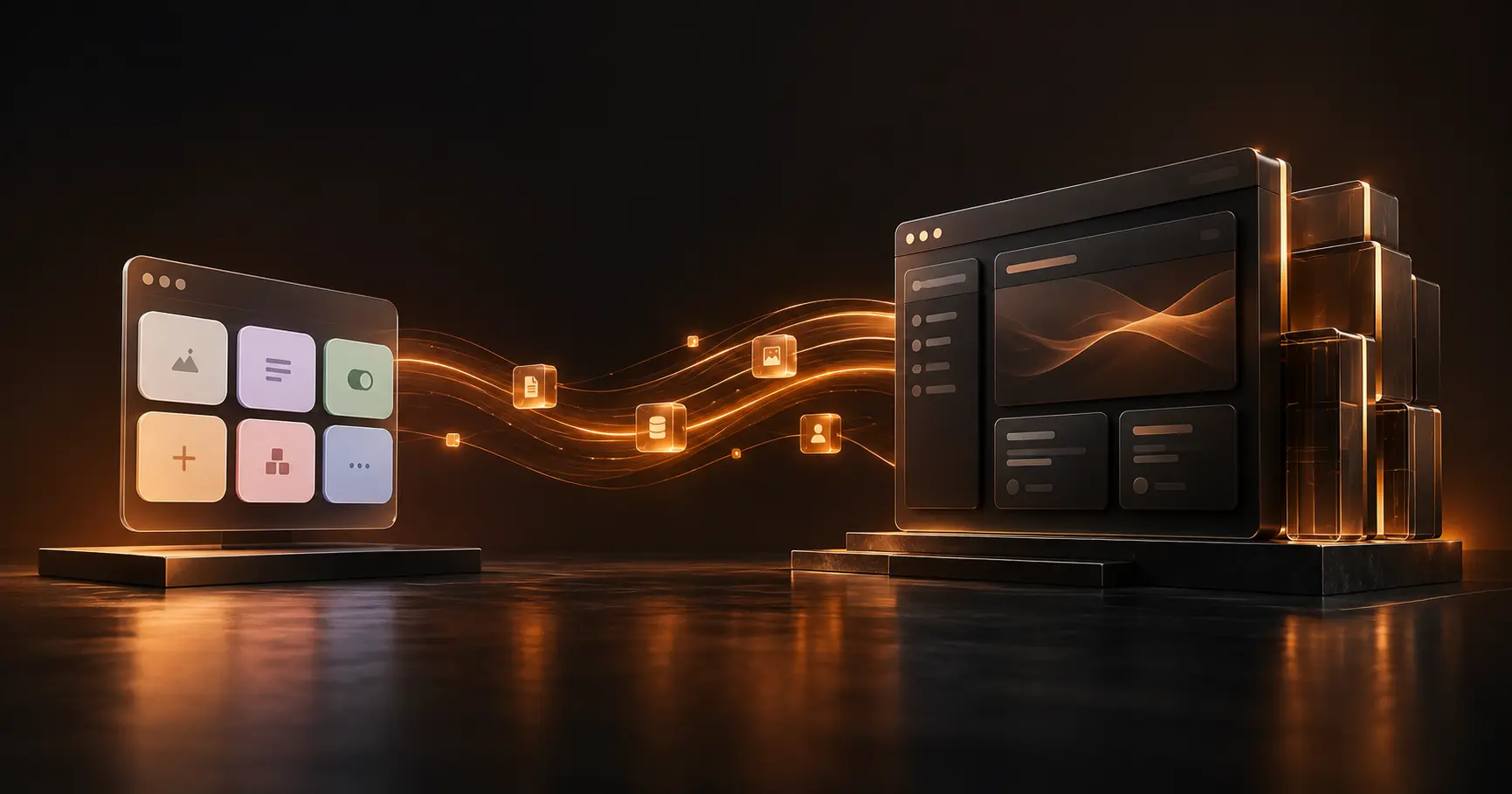 Web app migration concept showing a no-code platform transitioning into a scalable custom-code application while preserving users and data